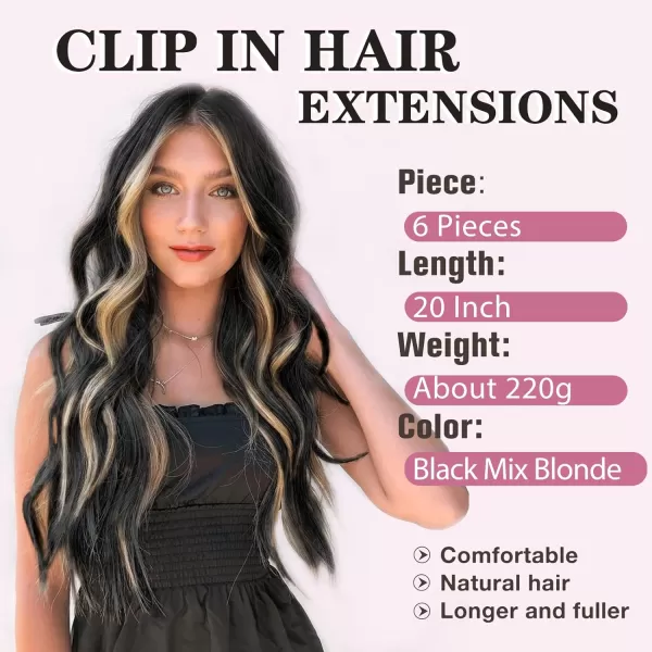 NAYOO Clip in Hair Extensions for Women 20 Inch Long Wavy Curly Dark Brown Hair Extension Full Head Synthetic Hair Extension Hairpieces
