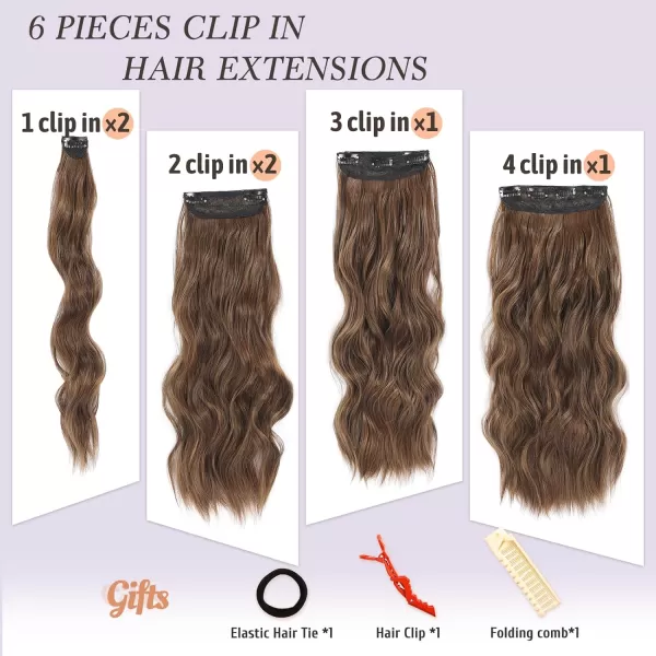 NAYOO Clip in Hair Extensions for Women 20 Inch Long Wavy Curly Dark Brown Hair Extension Full Head Synthetic Hair Extension Hairpieces
