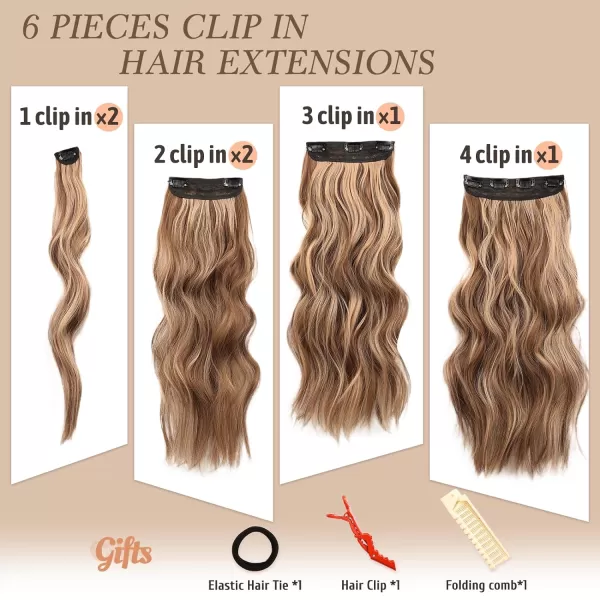 NAYOO Clip in Hair Extensions for Women 20 Inch Long Wavy Curly Dark Brown Hair Extension Full Head Synthetic Hair Extension Hairpieces