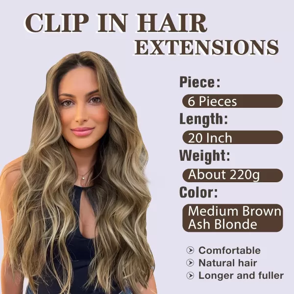 NAYOO Clip in Hair Extensions for Women 20 Inch Long Wavy Curly Dark Brown Hair Extension Full Head Synthetic Hair Extension Hairpieces