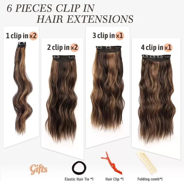 NAYOO Clip in Hair Extensions for Women 20 Inch Long Wavy Curly Dark Brown Hair Extension Full Head Synthetic Hair Extension Hairpieces