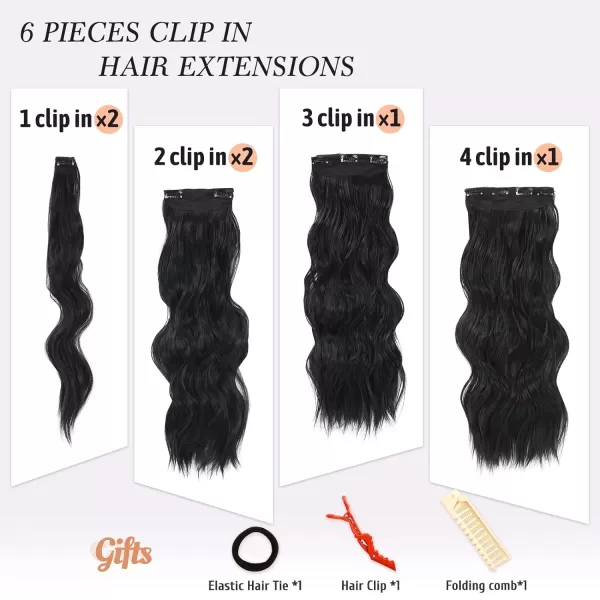 NAYOO Clip in Hair Extensions for Women 20 Inch Long Wavy Curly Dark Brown Hair Extension Full Head Synthetic Hair Extension Hairpieces