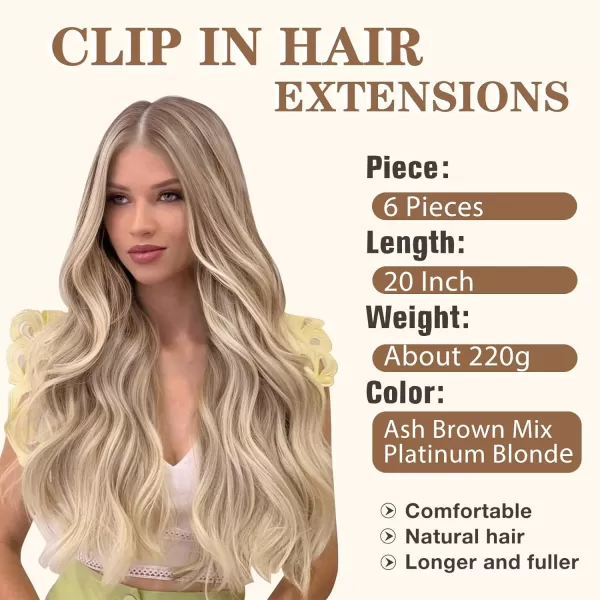 NAYOO Clip in Hair Extensions for Women 20 Inch Long Wavy Curly Dark Brown Hair Extension Full Head Synthetic Hair Extension Hairpieces