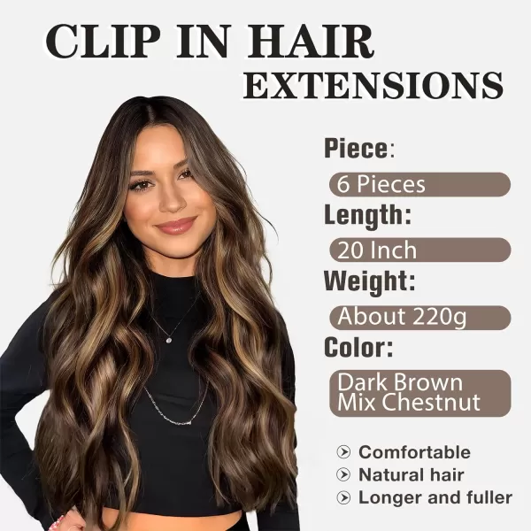 NAYOO Clip in Hair Extensions for Women 20 Inch Long Wavy Curly Dark Brown Hair Extension Full Head Synthetic Hair Extension Hairpieces