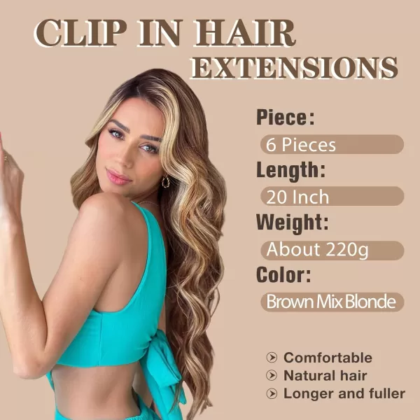 NAYOO Clip in Hair Extensions for Women 20 Inch Long Wavy Curly Dark Brown Hair Extension Full Head Synthetic Hair Extension Hairpieces