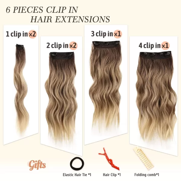 NAYOO Clip in Hair Extensions for Women 20 Inch Long Wavy Curly Dark Brown Hair Extension Full Head Synthetic Hair Extension Hairpieces
