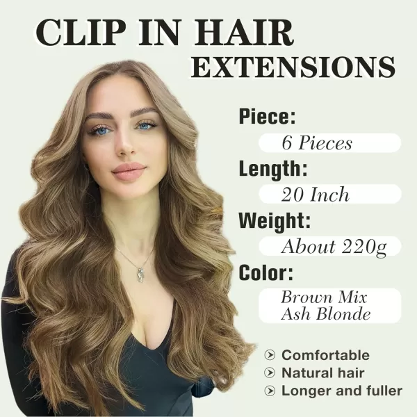 NAYOO Clip in Hair Extensions for Women 20 Inch Long Wavy Curly Dark Brown Hair Extension Full Head Synthetic Hair Extension Hairpieces
