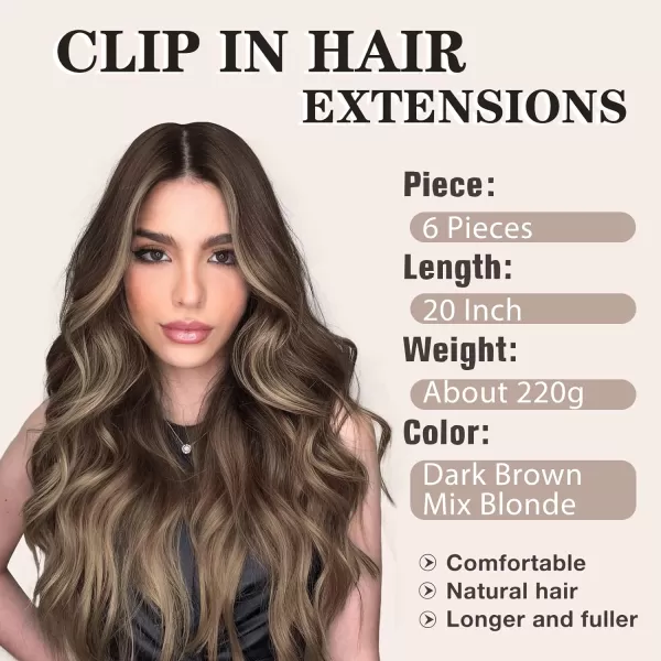NAYOO Clip in Hair Extensions for Women 20 Inch Long Wavy Curly Dark Brown Hair Extension Full Head Synthetic Hair Extension Hairpieces