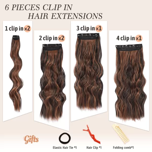 NAYOO Clip in Hair Extensions for Women 20 Inch Long Wavy Curly Dark Brown Hair Extension Full Head Synthetic Hair Extension Hairpieces