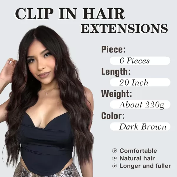 NAYOO Clip in Hair Extensions for Women 20 Inch Long Wavy Curly Dark Brown Hair Extension Full Head Synthetic Hair Extension Hairpieces