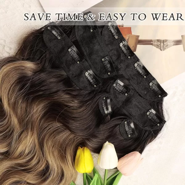 NAYOO Clip in Hair Extensions for Women 20 Inch Long Wavy Curly Dark Brown Hair Extension Full Head Synthetic Hair Extension Hairpieces
