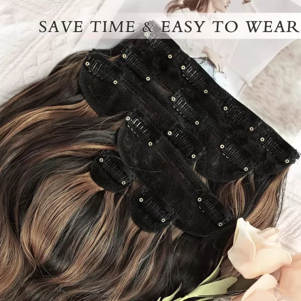 NAYOO Clip in Hair Extensions for Women 20 Inch Long Wavy Curly Dark Brown Hair Extension Full Head Synthetic Hair Extension Hairpieces