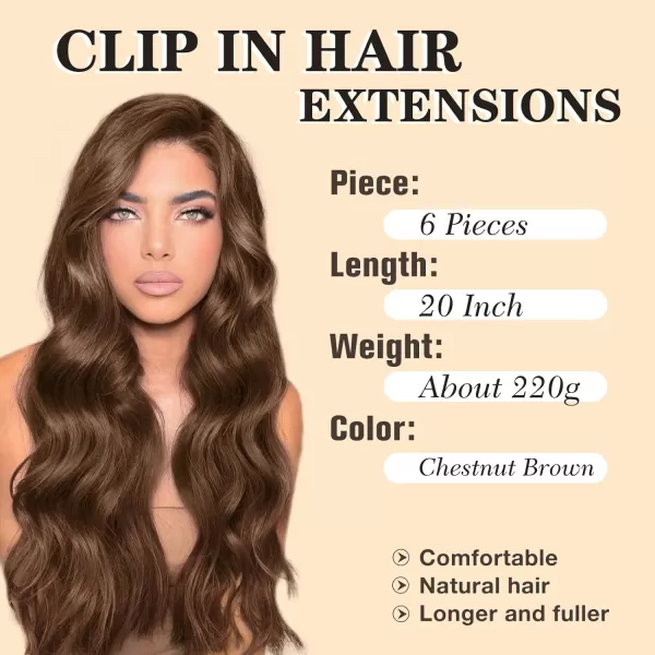 NAYOO Clip in Hair Extensions for Women 20 Inch Long Wavy Curly Dark Brown Hair Extension Full Head Synthetic Hair Extension Hairpieces
