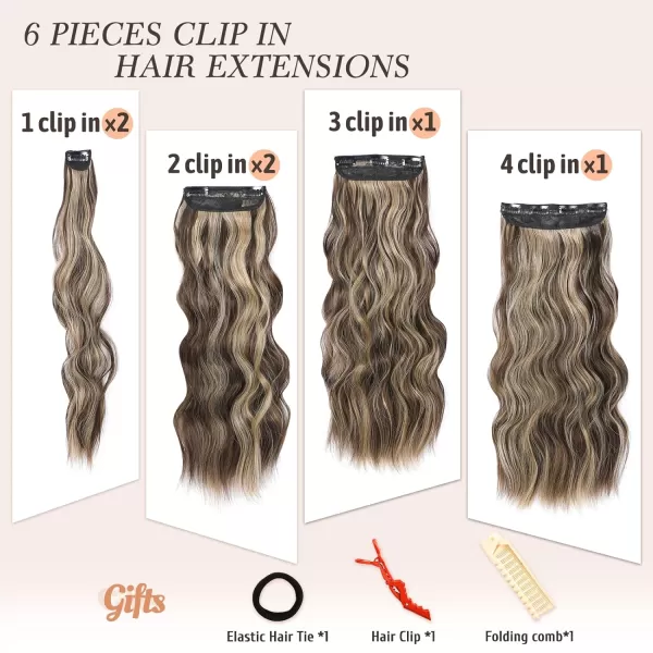 NAYOO Clip in Hair Extensions for Women 20 Inch Long Wavy Curly Dark Brown Hair Extension Full Head Synthetic Hair Extension Hairpieces