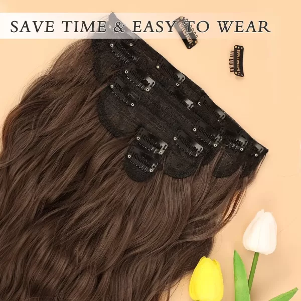 NAYOO Clip in Hair Extensions for Women 20 Inch Long Wavy Curly Dark Brown Hair Extension Full Head Synthetic Hair Extension Hairpieces