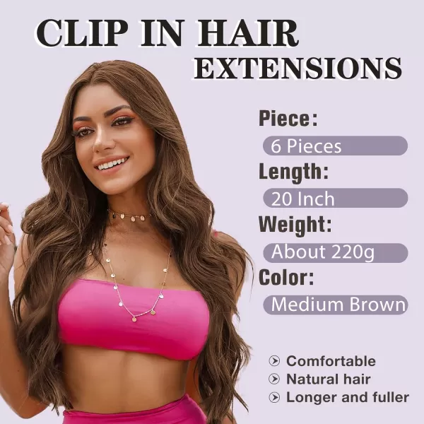 NAYOO Clip in Hair Extensions for Women 20 Inch Long Wavy Curly Dark Brown Hair Extension Full Head Synthetic Hair Extension Hairpieces