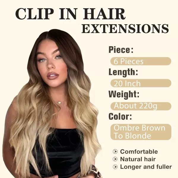 NAYOO Clip in Hair Extensions for Women 20 Inch Long Wavy Curly Dark Brown Hair Extension Full Head Synthetic Hair Extension Hairpieces