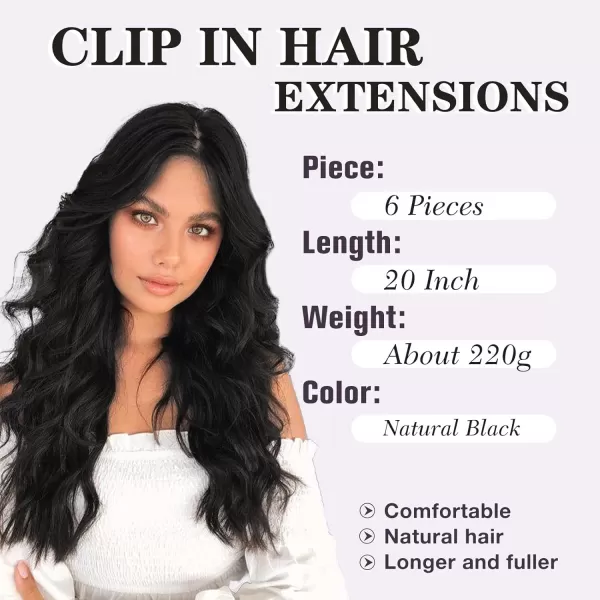 NAYOO Clip in Hair Extensions for Women 20 Inch Long Wavy Curly Dark Brown Hair Extension Full Head Synthetic Hair Extension Hairpieces