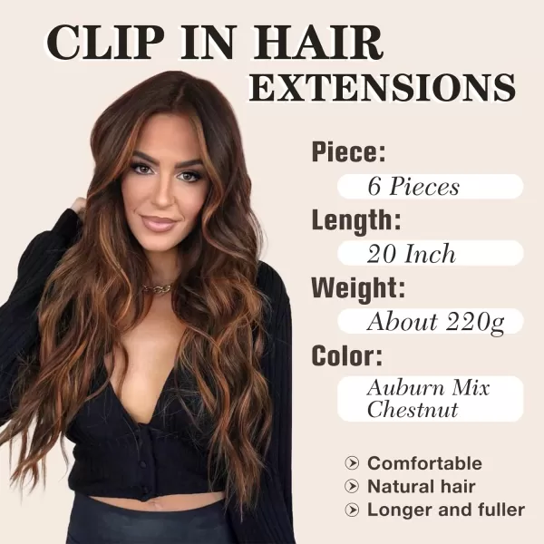 NAYOO Clip in Hair Extensions for Women 20 Inch Long Wavy Curly Dark Brown Hair Extension Full Head Synthetic Hair Extension Hairpieces