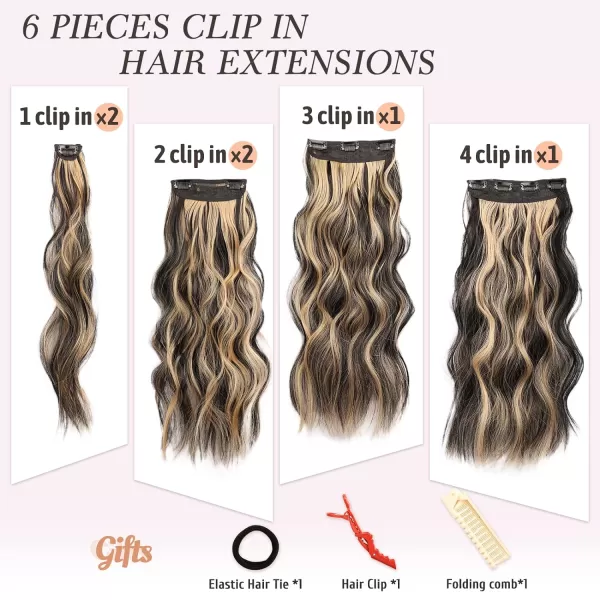 NAYOO Clip in Hair Extensions for Women 20 Inch Long Wavy Curly Dark Brown Hair Extension Full Head Synthetic Hair Extension Hairpieces