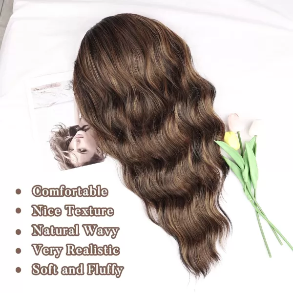 NAYOO Long Brown Wigs with Bangs for Women Curly Wavy Hair Wigs Heat Resistant Synthetic Fiber Wigs for Daily Party Use 26 Inches 