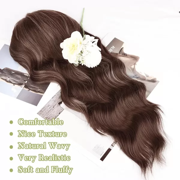 NAYOO Long Brown Wigs with Bangs for Women Curly Wavy Hair Wigs Heat Resistant Synthetic Fiber Wigs for Daily Party Use 26 Inches 