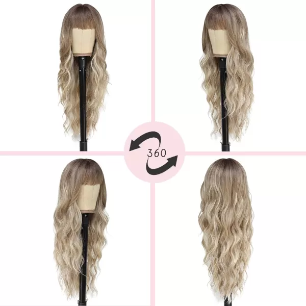 NAYOO Long Brown Wigs with Bangs for Women Curly Wavy Hair Wigs Heat Resistant Synthetic Fiber Wigs for Daily Party Use 26 Inches 