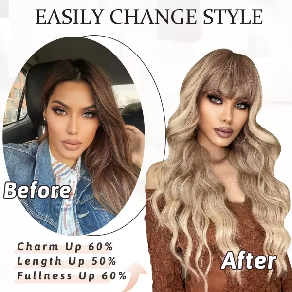 NAYOO Long Brown Wigs with Bangs for Women Curly Wavy Hair Wigs Heat Resistant Synthetic Fiber Wigs for Daily Party Use 26 Inches 
