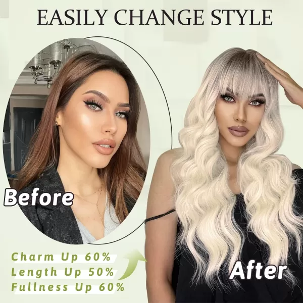 NAYOO Long Brown Wigs with Bangs for Women Curly Wavy Hair Wigs Heat Resistant Synthetic Fiber Wigs for Daily Party Use 26 Inches 