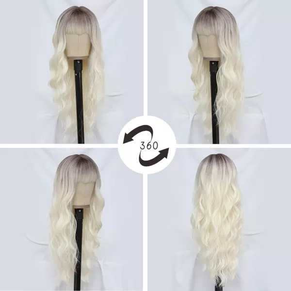 NAYOO Long Brown Wigs with Bangs for Women Curly Wavy Hair Wigs Heat Resistant Synthetic Fiber Wigs for Daily Party Use 26 Inches 