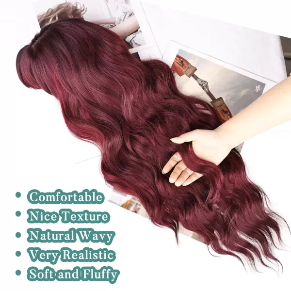 NAYOO Long Brown Wigs with Bangs for Women Curly Wavy Hair Wigs Heat Resistant Synthetic Fiber Wigs for Daily Party Use 26 Inches 