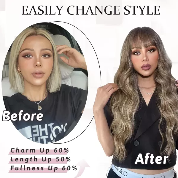 NAYOO Long Brown Wigs with Bangs for Women Curly Wavy Hair Wigs Heat Resistant Synthetic Fiber Wigs for Daily Party Use 26 Inches 