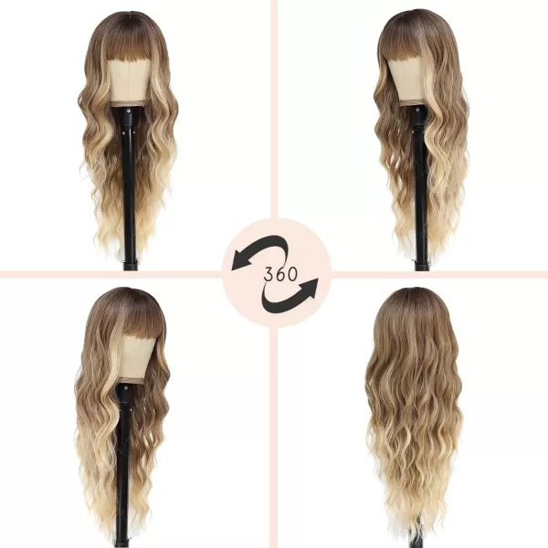 NAYOO Long Brown Wigs with Bangs for Women Curly Wavy Hair Wigs Heat Resistant Synthetic Fiber Wigs for Daily Party Use 26 Inches 