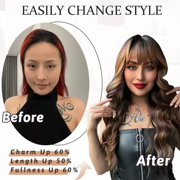 NAYOO Long Brown Wigs with Bangs for Women Curly Wavy Hair Wigs Heat Resistant Synthetic Fiber Wigs for Daily Party Use 26 Inches 