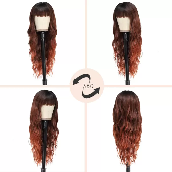 NAYOO Long Brown Wigs with Bangs for Women Curly Wavy Hair Wigs Heat Resistant Synthetic Fiber Wigs for Daily Party Use 26 Inches 