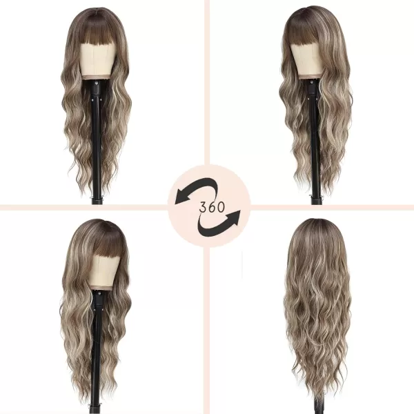 NAYOO Long Brown Wigs with Bangs for Women Curly Wavy Hair Wigs Heat Resistant Synthetic Fiber Wigs for Daily Party Use 26 Inches 