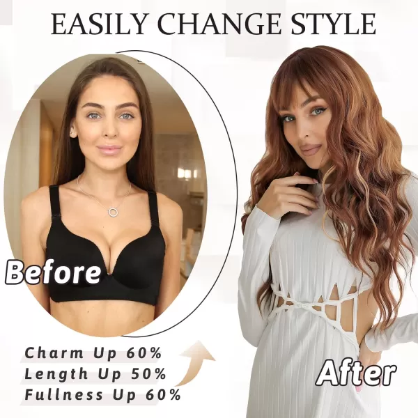 NAYOO Long Brown Wigs with Bangs for Women Curly Wavy Hair Wigs Heat Resistant Synthetic Fiber Wigs for Daily Party Use 26 Inches 