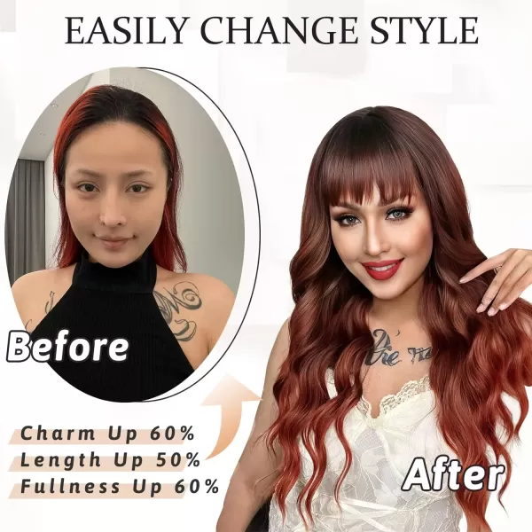 NAYOO Long Brown Wigs with Bangs for Women Curly Wavy Hair Wigs Heat Resistant Synthetic Fiber Wigs for Daily Party Use 26 Inches 