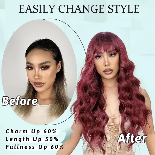 NAYOO Long Brown Wigs with Bangs for Women Curly Wavy Hair Wigs Heat Resistant Synthetic Fiber Wigs for Daily Party Use 26 Inches 