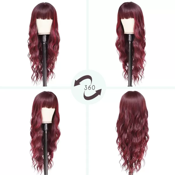 NAYOO Long Brown Wigs with Bangs for Women Curly Wavy Hair Wigs Heat Resistant Synthetic Fiber Wigs for Daily Party Use 26 Inches 