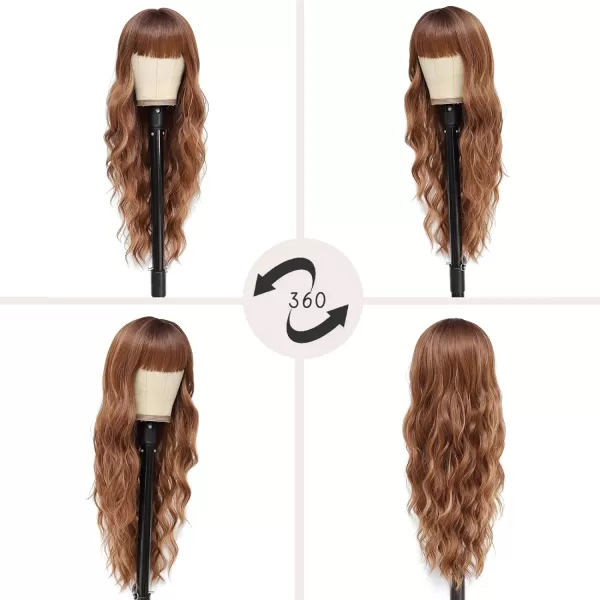 NAYOO Long Brown Wigs with Bangs for Women Curly Wavy Hair Wigs Heat Resistant Synthetic Fiber Wigs for Daily Party Use 26 Inches 
