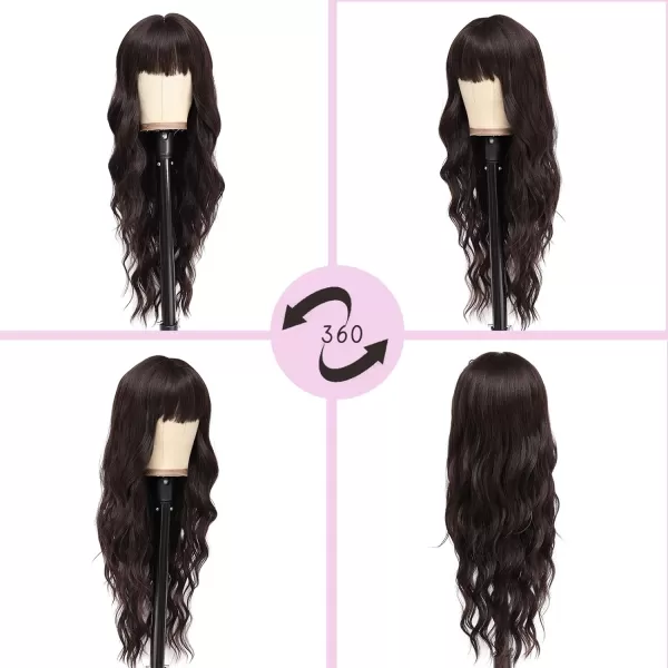 NAYOO Long Brown Wigs with Bangs for Women Curly Wavy Hair Wigs Heat Resistant Synthetic Fiber Wigs for Daily Party Use 26 Inches 