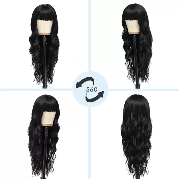 NAYOO Long Brown Wigs with Bangs for Women Curly Wavy Hair Wigs Heat Resistant Synthetic Fiber Wigs for Daily Party Use 26 Inches 