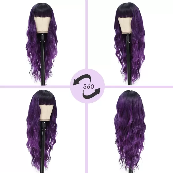 NAYOO Long Brown Wigs with Bangs for Women Curly Wavy Hair Wigs Heat Resistant Synthetic Fiber Wigs for Daily Party Use 26 Inches 
