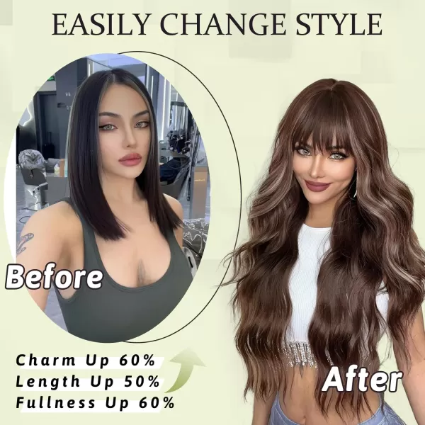 NAYOO Long Brown Wigs with Bangs for Women Curly Wavy Hair Wigs Heat Resistant Synthetic Fiber Wigs for Daily Party Use 26 Inches 