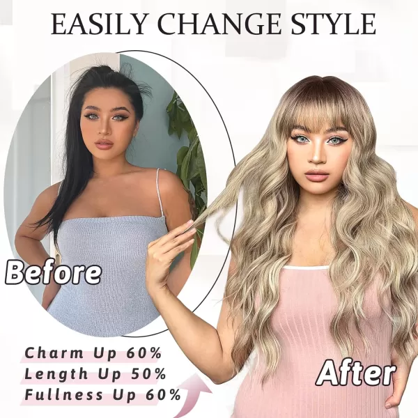 NAYOO Long Brown Wigs with Bangs for Women Curly Wavy Hair Wigs Heat Resistant Synthetic Fiber Wigs for Daily Party Use 26 Inches 