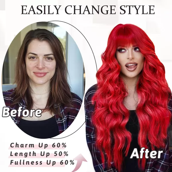 NAYOO Long Brown Wigs with Bangs for Women Curly Wavy Hair Wigs Heat Resistant Synthetic Fiber Wigs for Daily Party Use 26 Inches 