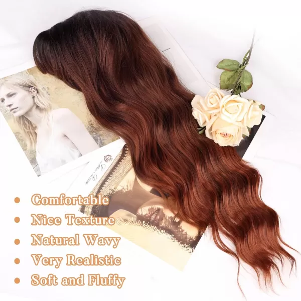 NAYOO Long Brown Wigs with Bangs for Women Curly Wavy Hair Wigs Heat Resistant Synthetic Fiber Wigs for Daily Party Use 26 Inches 