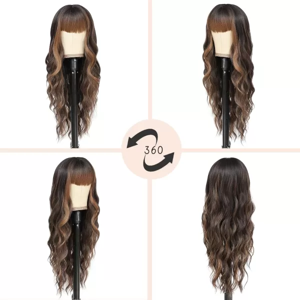 NAYOO Long Brown Wigs with Bangs for Women Curly Wavy Hair Wigs Heat Resistant Synthetic Fiber Wigs for Daily Party Use 26 Inches 