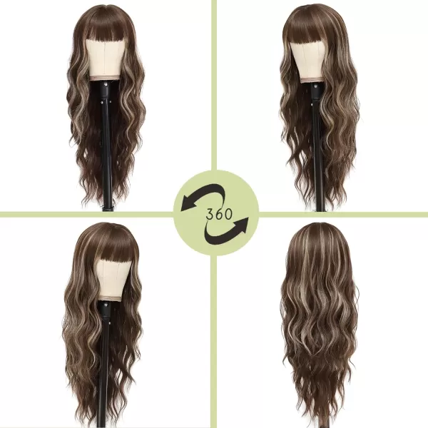 NAYOO Long Brown Wigs with Bangs for Women Curly Wavy Hair Wigs Heat Resistant Synthetic Fiber Wigs for Daily Party Use 26 Inches 